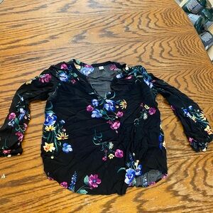 Old Navy Black Floral Blouse with Long Sleeves and Ruched Details